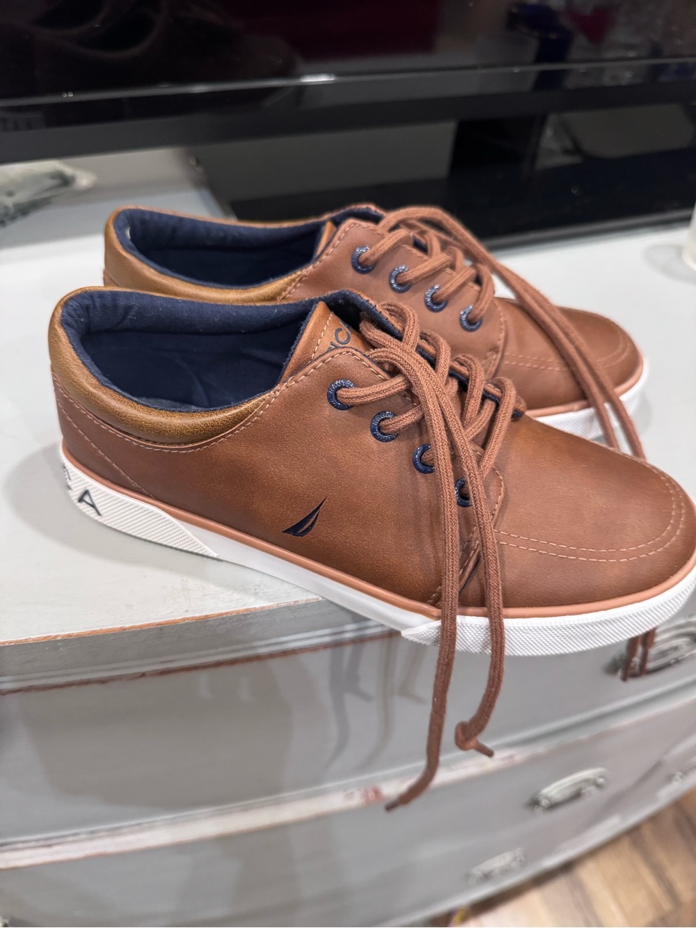 Kids Nautica Casual Brown Leather-Look Lace-Up Sneakers- worn once